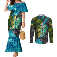Sea Turtle Sao Tome and Principe Couples Matching Mermaid Dress and Long Sleeve Button Shirt with Ocean Tide and Tropical Palm Design