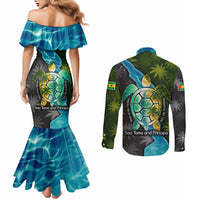 Sea Turtle Sao Tome and Principe Couples Matching Mermaid Dress and Long Sleeve Button Shirt with Ocean Tide and Tropical Palm Design