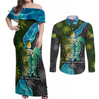 Sea Turtle Sao Tome and Principe Couples Matching Off Shoulder Maxi Dress and Long Sleeve Button Shirt with Ocean Tide and Tropical Palm Design