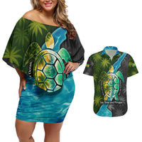 Sea Turtle Sao Tome and Principe Couples Matching Off Shoulder Short Dress and Hawaiian Shirt with Ocean Tide and Tropical Palm Design