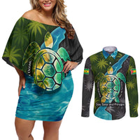 Sea Turtle Sao Tome and Principe Couples Matching Off Shoulder Short Dress and Long Sleeve Button Shirt with Ocean Tide and Tropical Palm Design