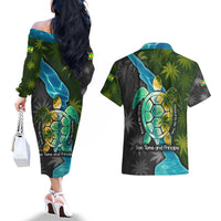 Sea Turtle Sao Tome and Principe Couples Matching Off The Shoulder Long Sleeve Dress and Hawaiian Shirt with Ocean Tide and Tropical Palm Design