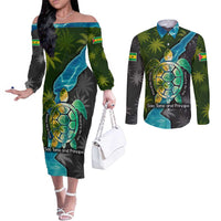 Sea Turtle Sao Tome and Principe Couples Matching Off The Shoulder Long Sleeve Dress and Long Sleeve Button Shirt with Ocean Tide and Tropical Palm Design