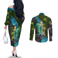 Sea Turtle Sao Tome and Principe Couples Matching Off The Shoulder Long Sleeve Dress and Long Sleeve Button Shirt with Ocean Tide and Tropical Palm Design