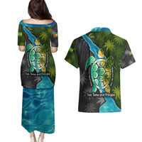 Sea Turtle Sao Tome and Principe Couples Matching Puletasi and Hawaiian Shirt with Ocean Tide and Tropical Palm Design
