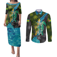 Sea Turtle Sao Tome and Principe Couples Matching Puletasi and Long Sleeve Button Shirt with Ocean Tide and Tropical Palm Design