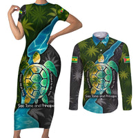 Sea Turtle Sao Tome and Principe Couples Matching Short Sleeve Bodycon Dress and Long Sleeve Button Shirt with Ocean Tide and Tropical Palm Design