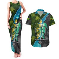Sea Turtle Sao Tome and Principe Couples Matching Tank Maxi Dress and Hawaiian Shirt with Ocean Tide and Tropical Palm Design