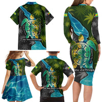Sea Turtle Sao Tome and Principe Family Matching Long Sleeve Bodycon Dress and Hawaiian Shirt with Ocean Tide and Tropical Palm Design