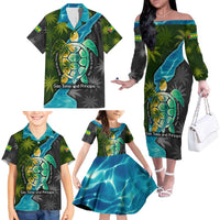 Sea Turtle Sao Tome and Principe Family Matching Off The Shoulder Long Sleeve Dress and Hawaiian Shirt with Ocean Tide and Tropical Palm Design