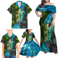 Sea Turtle Sao Tome and Principe Family Matching Off Shoulder Maxi Dress and Hawaiian Shirt with Ocean Tide and Tropical Palm Design