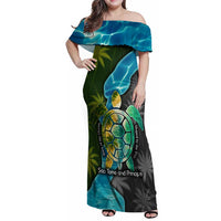 Sea Turtle Sao Tome and Principe Family Matching Off Shoulder Maxi Dress and Hawaiian Shirt with Ocean Tide and Tropical Palm Design