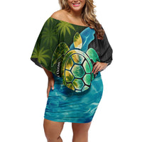 Sea Turtle Sao Tome and Principe Family Matching Off Shoulder Short Dress and Hawaiian Shirt with Ocean Tide and Tropical Palm Design