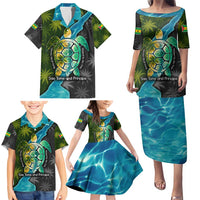 Sea Turtle Sao Tome and Principe Family Matching Puletasi and Hawaiian Shirt with Ocean Tide and Tropical Palm Design
