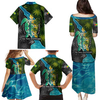 Sea Turtle Sao Tome and Principe Family Matching Puletasi and Hawaiian Shirt with Ocean Tide and Tropical Palm Design