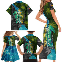 Sea Turtle Sao Tome and Principe Family Matching Short Sleeve Bodycon Dress and Hawaiian Shirt with Ocean Tide and Tropical Palm Design