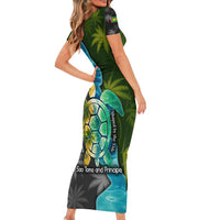 Sea Turtle Sao Tome and Principe Family Matching Short Sleeve Bodycon Dress and Hawaiian Shirt with Ocean Tide and Tropical Palm Design