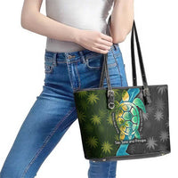 Sea Turtle Sao Tome and Principe Leather Tote Bag with Ocean Tide and Tropical Palm Design