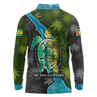 Sea Turtle Sao Tome and Principe Long Sleeve Polo Shirt with Ocean Tide and Tropical Palm Design