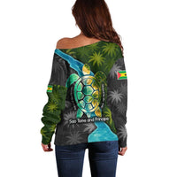 Sea Turtle Sao Tome and Principe Off Shoulder Sweater with Ocean Tide and Tropical Palm Design