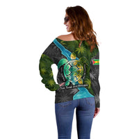 Sea Turtle Sao Tome and Principe Off Shoulder Sweater with Ocean Tide and Tropical Palm Design