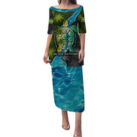 Sea Turtle Sao Tome and Principe Puletasi with Ocean Tide and Tropical Palm Design