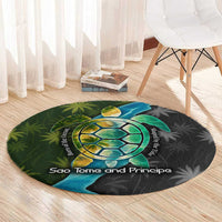 Sea Turtle Sao Tome and Principe Round Carpet with Ocean Tide and Tropical Palm Design