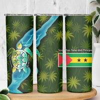 Sea Turtle Sao Tome and Principe Skinny Tumbler with Ocean Tide and Tropical Palm Design