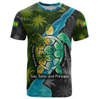 Sea Turtle Sao Tome and Principe T Shirt with Ocean Tide and Tropical Palm Design