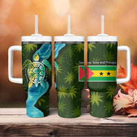 Sea Turtle Sao Tome and Principe Tumbler With Handle with Ocean Tide and Tropical Palm Design