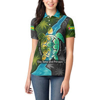 Sea Turtle Sao Tome and Principe Women Polo Shirt with Ocean Tide and Tropical Palm Design
