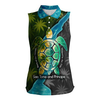 Sea Turtle Sao Tome and Principe Women Sleeveless Polo Shirt with Ocean Tide and Tropical Palm Design