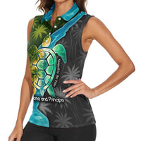 Sea Turtle Sao Tome and Principe Women Sleeveless Polo Shirt with Ocean Tide and Tropical Palm Design