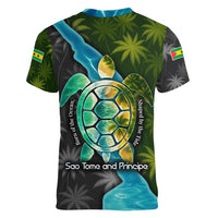 Sea Turtle Sao Tome and Principe Women V-Neck T-Shirt with Ocean Tide and Tropical Palm Design