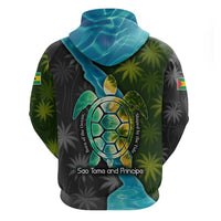 Sea Turtle Sao Tome and Principe Zip Hoodie with Ocean Tide and Tropical Palm Design