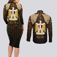 Anubis Egypt Couples Matching Long Sleeve Bodycon Dress and Long Sleeve Button Shirt with Ancient Hieroglyph Pharaoh Spirit