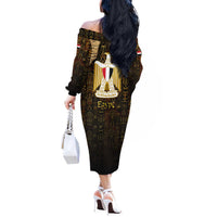 Anubis Egypt Off The Shoulder Long Sleeve Dress with Ancient Hieroglyph Pharaoh Spirit