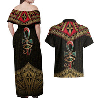 Ankh Eye of Horus Egypt Couples Matching Off Shoulder Maxi Dress and Hawaiian Shirt with Ancient Black Gold Hieroglyph Spirit