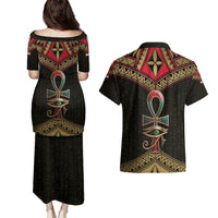 Ankh Eye of Horus Egypt Couples Matching Puletasi and Hawaiian Shirt with Ancient Black Gold Hieroglyph Spirit