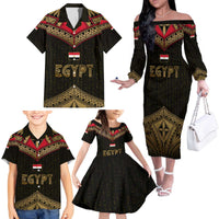 Ankh Eye of Horus Egypt Family Matching Off The Shoulder Long Sleeve Dress and Hawaiian Shirt with Ancient Black Gold Hieroglyph Spirit
