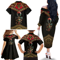 Ankh Eye of Horus Egypt Family Matching Off The Shoulder Long Sleeve Dress and Hawaiian Shirt with Ancient Black Gold Hieroglyph Spirit