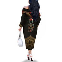 Ankh Eye of Horus Egypt Family Matching Off The Shoulder Long Sleeve Dress and Hawaiian Shirt with Ancient Black Gold Hieroglyph Spirit