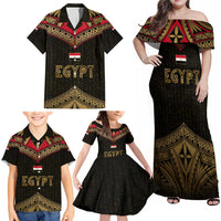 Ankh Eye of Horus Egypt Family Matching Off Shoulder Maxi Dress and Hawaiian Shirt with Ancient Black Gold Hieroglyph Spirit
