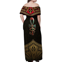 Ankh Eye of Horus Egypt Family Matching Off Shoulder Maxi Dress and Hawaiian Shirt with Ancient Black Gold Hieroglyph Spirit