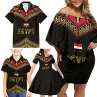 Ankh Eye of Horus Egypt Family Matching Off Shoulder Short Dress and Hawaiian Shirt with Ancient Black Gold Hieroglyph Spirit