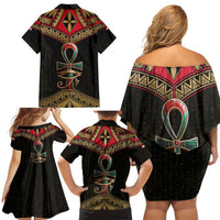 Ankh Eye of Horus Egypt Family Matching Off Shoulder Short Dress and Hawaiian Shirt with Ancient Black Gold Hieroglyph Spirit
