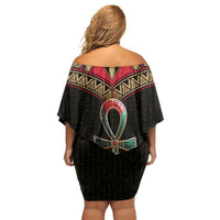 Ankh Eye of Horus Egypt Family Matching Off Shoulder Short Dress and Hawaiian Shirt with Ancient Black Gold Hieroglyph Spirit