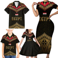 Ankh Eye of Horus Egypt Family Matching Short Sleeve Bodycon Dress and Hawaiian Shirt with Ancient Black Gold Hieroglyph Spirit
