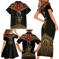 Ankh Eye of Horus Egypt Family Matching Short Sleeve Bodycon Dress and Hawaiian Shirt with Ancient Black Gold Hieroglyph Spirit