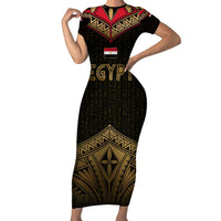 Ankh Eye of Horus Egypt Family Matching Short Sleeve Bodycon Dress and Hawaiian Shirt with Ancient Black Gold Hieroglyph Spirit
